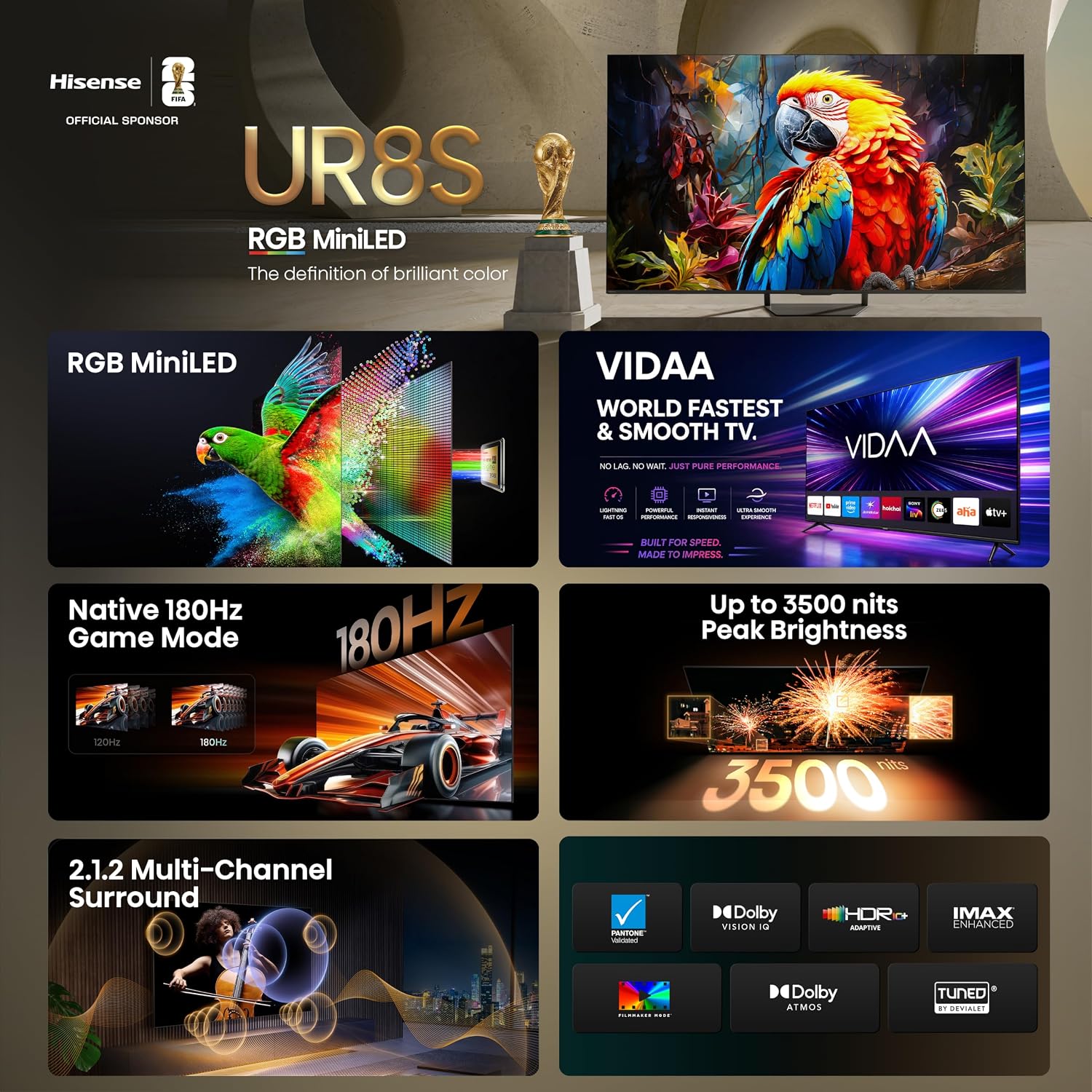 Hisense 55 Inch 55UR8S | RGB MiniLED | Hi-View AI Engine RGB | Native 180Hz Game Mode | Up to 3500 nits Peak Brightness | IMAX Enhanced | 2.1.2 Multi-Channel Surround | AI RGB Light Sensor-Online Mahajan Electronics