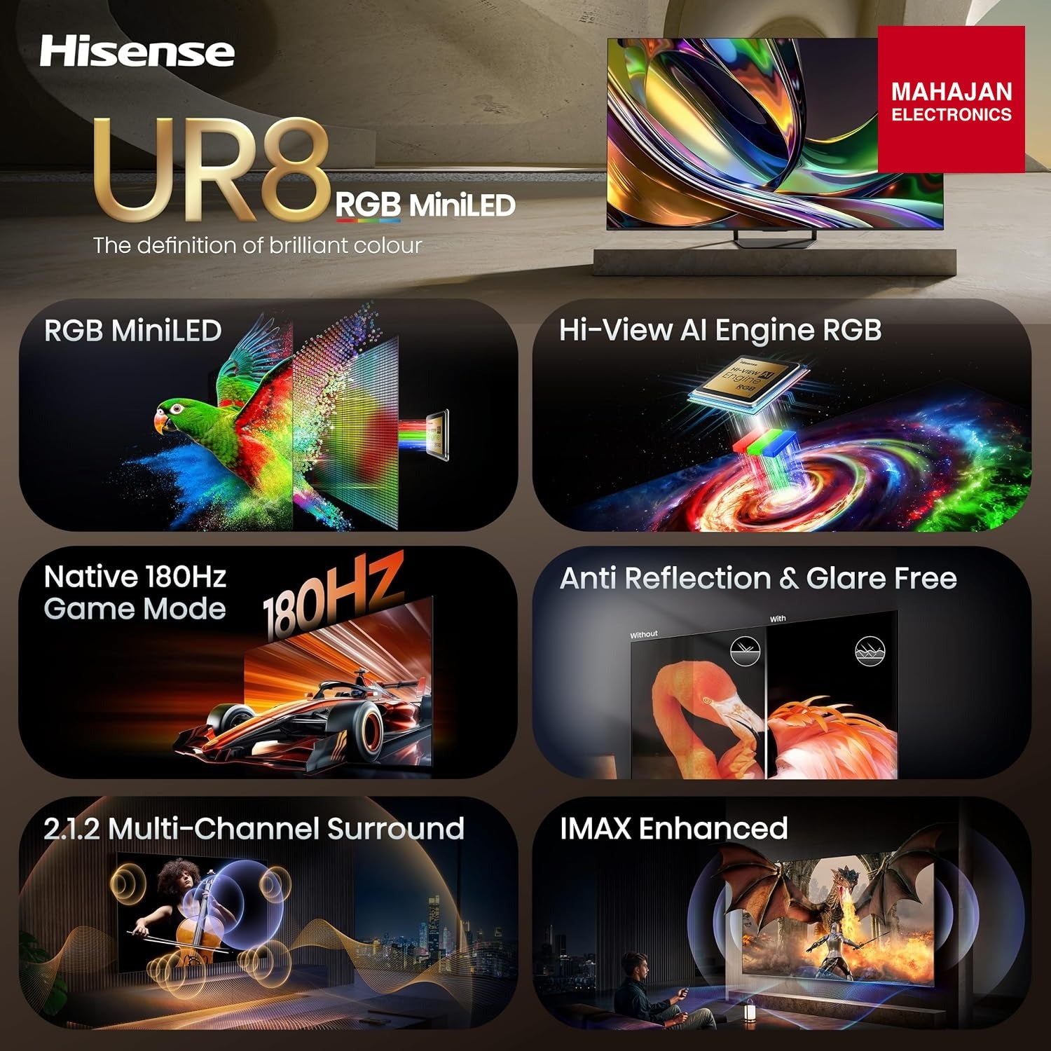 Hisense 75 Inch 75UR8S | RGB MiniLED | Hi-View AI Engine RGB | Native 180Hz Game Mode | Up to 3500 nits Peak Brightness | IMAX Enhanced | 2.1.2 Multi-Channel Surround | AI RGB Light Sensor-Online Mahajan Electronics