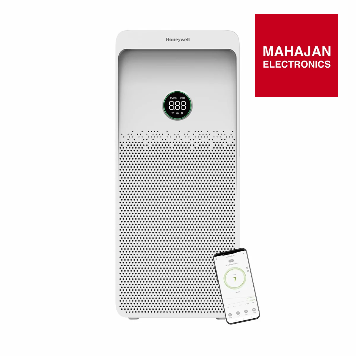 Honeywell air purifier with remote control on a white background, featuring the Mahajan Electronics logo.