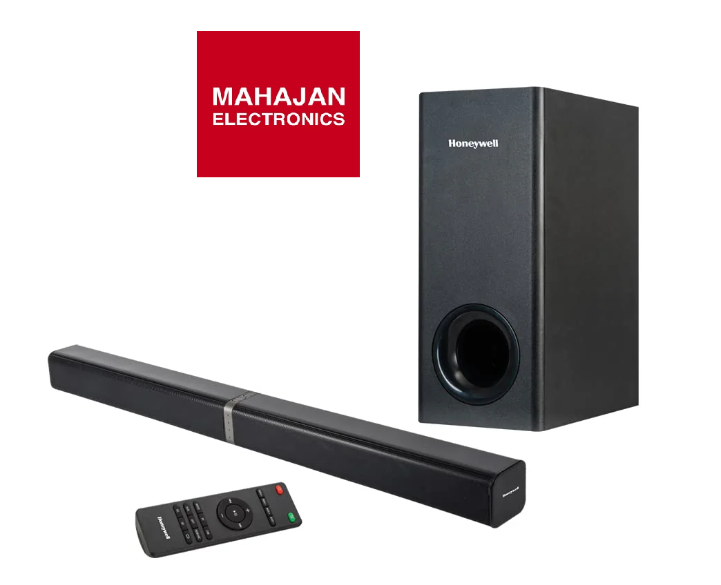 Black soundbar with remote control and black speaker on a white background, featuring Mahajan Electronics and Honeywell logos.