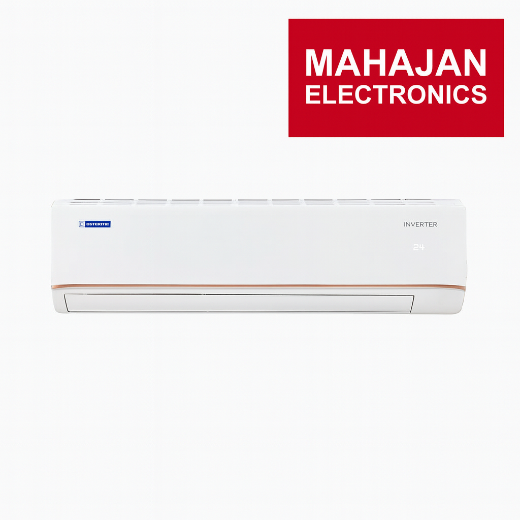 White air conditioner with Mahajan Electronics logo on a white background