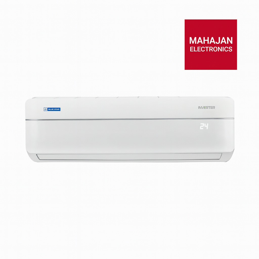 White air conditioner with Mahajan Electronics logo on a white background