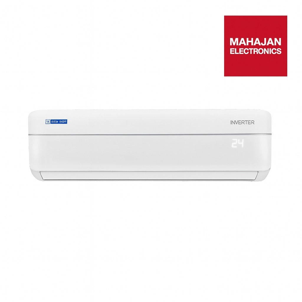 White air conditioner with Mahajan Electronics logo on a white background