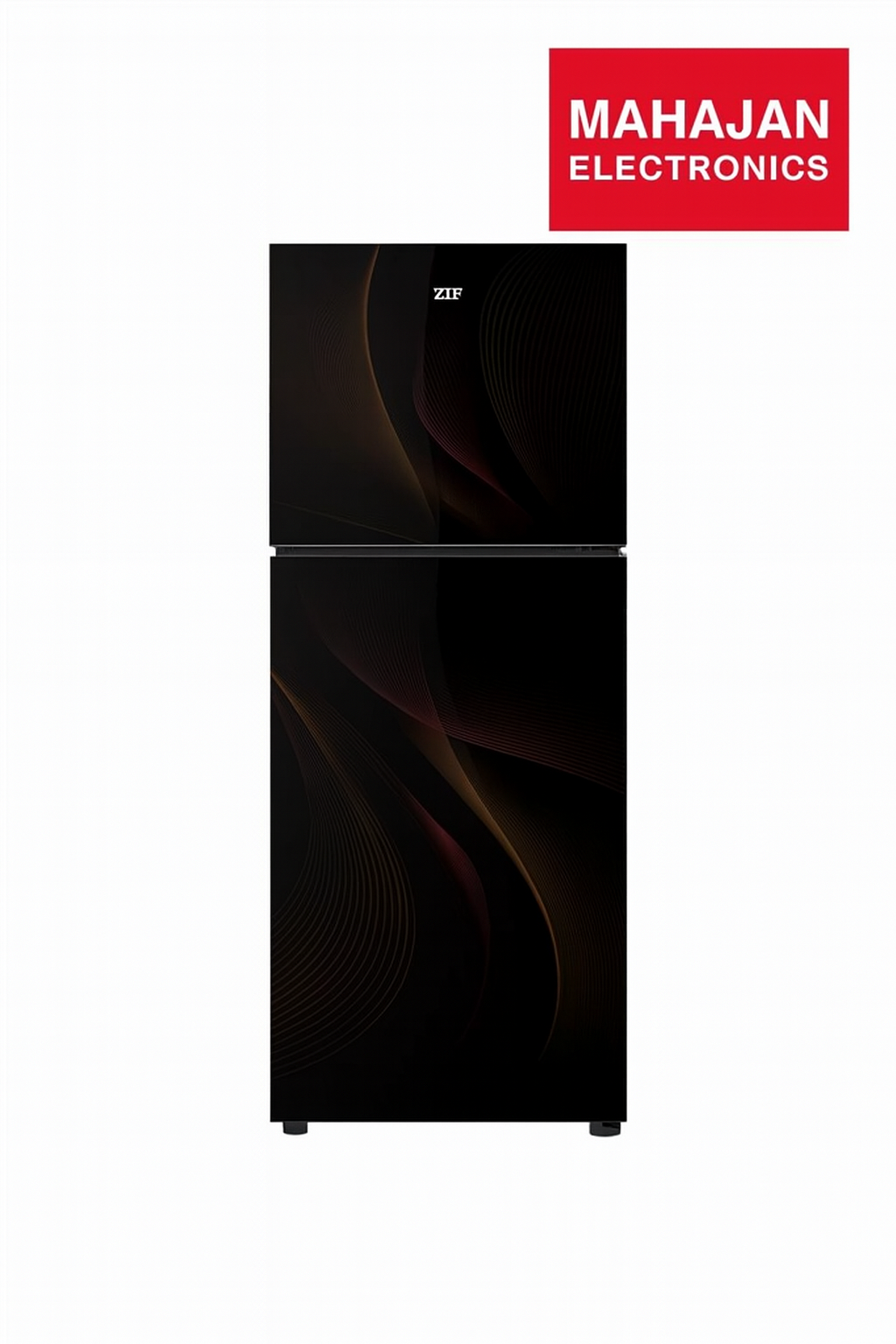 Black refrigerator with Mahajan Electronics logo on a white background