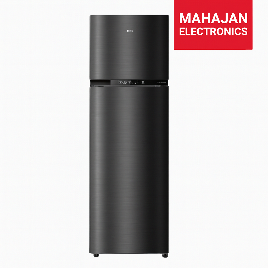 Black refrigerator with Mahajan Electronics logo on a white background