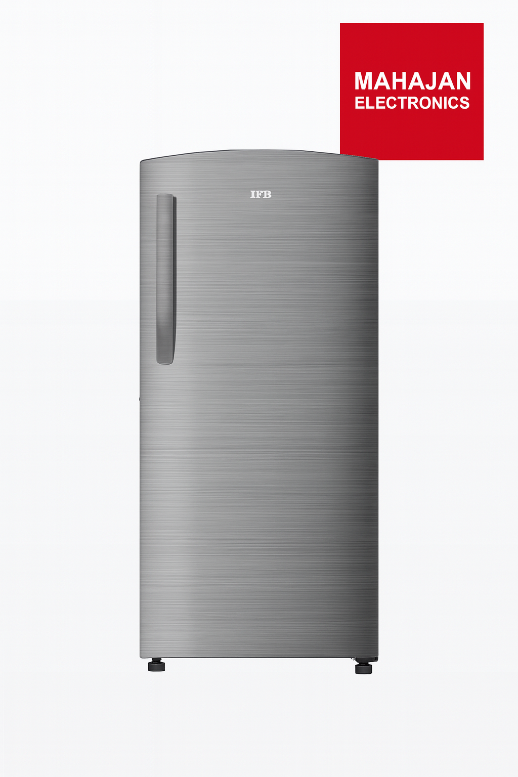 Silver refrigerator with Mahajan Electronics logo on a white background