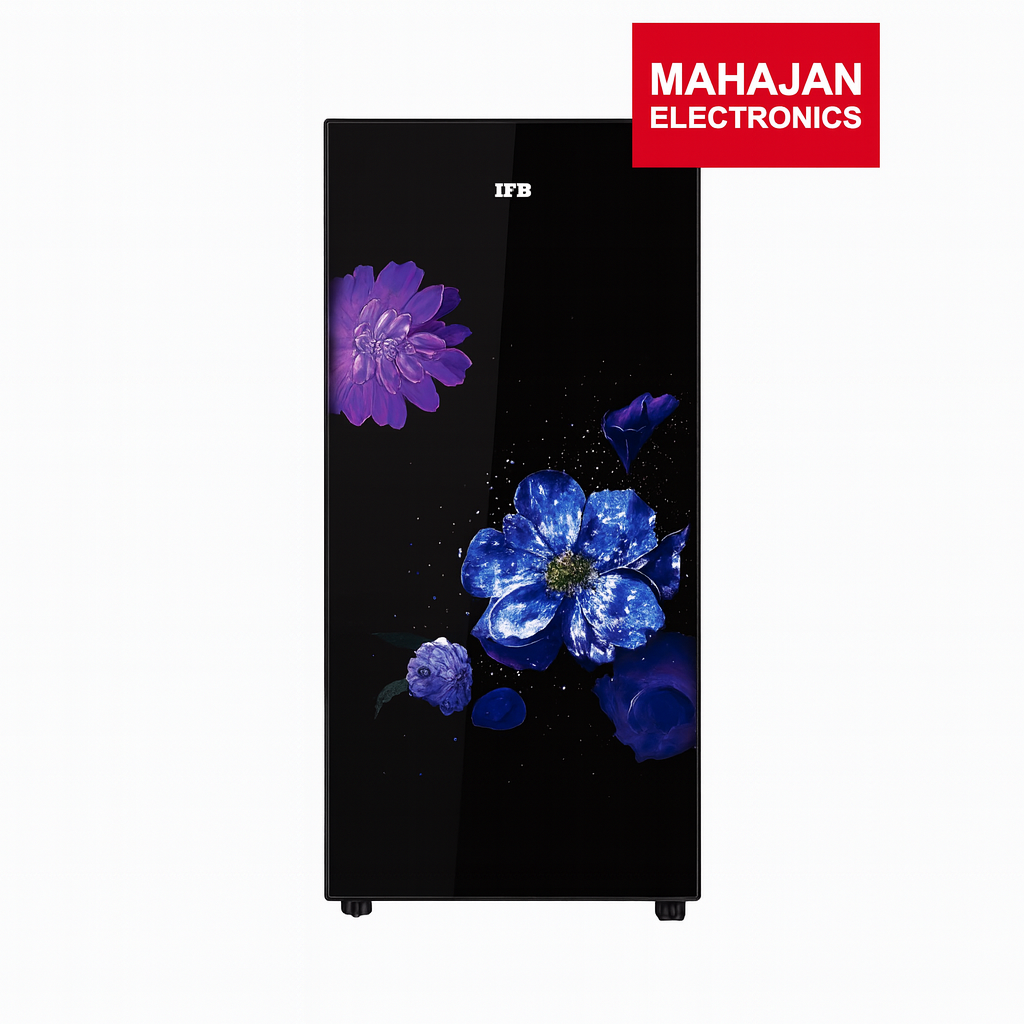 Black refrigerator with floral design on a white background, featuring the Mahajan Electronics logo.