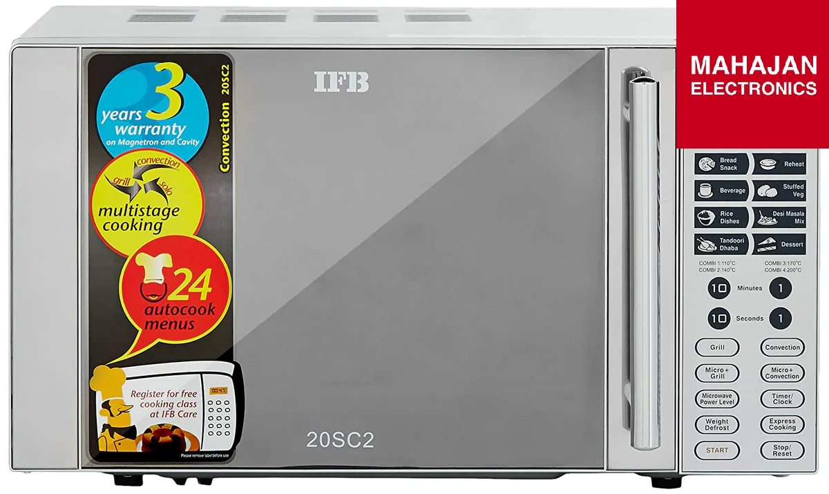 IFB 20SC2 20 L Convection Microwave Oven – Metallic Silver | 24 Auto Cook Menus | Grill + Bake + Defrost | Multi-Stage Cooking | Child Lock | 3-Year Magnetron Warranty