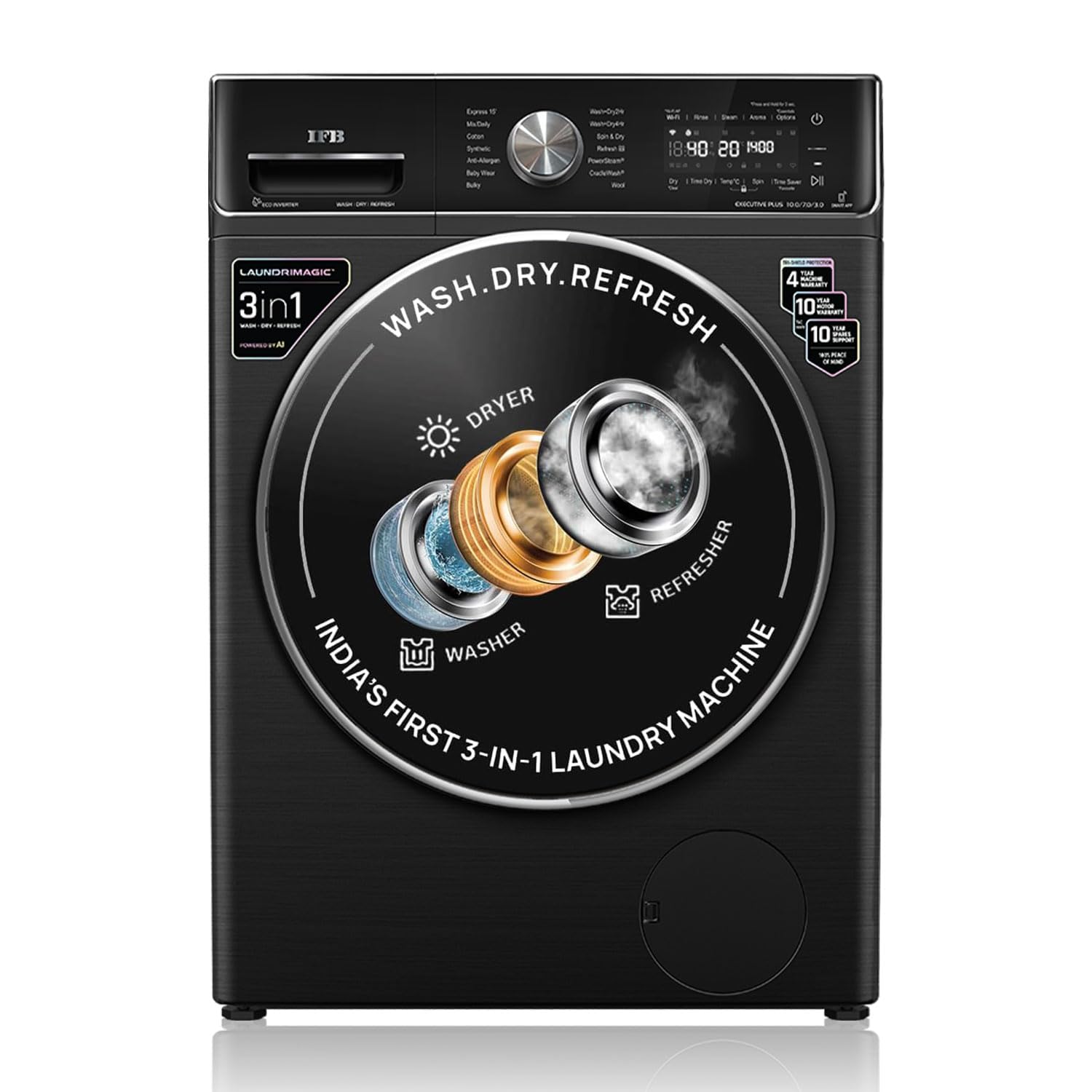 IFB EXECUTIVE PLUS ZXB 10 Kg/7 Kg/3 Kg 3-in-1, AI Powered, Fully Automatic Washer Dryer Refresher (IFB Laundrimagic, 9 Swirl Wash, Eco Inverter Technology, Black VCM) Mahajan Electronics Online