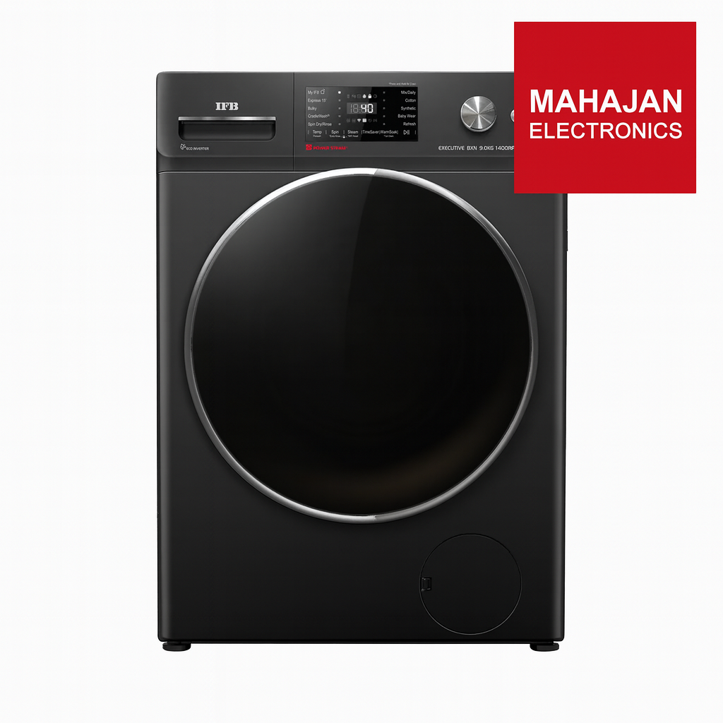 Black washing machine with Mahajan Electronics logo on a white background