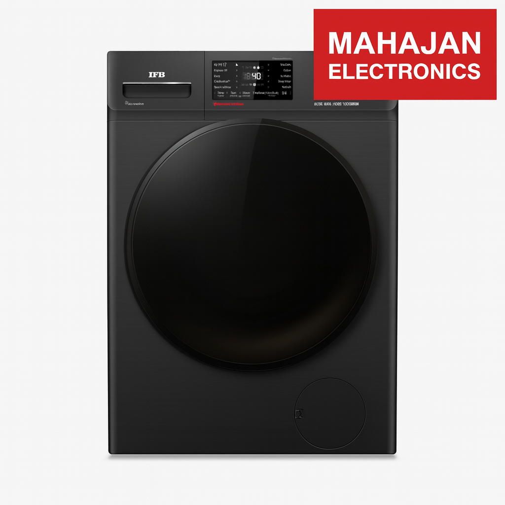 Black washing machine with Mahajan Electronics logo on a white background