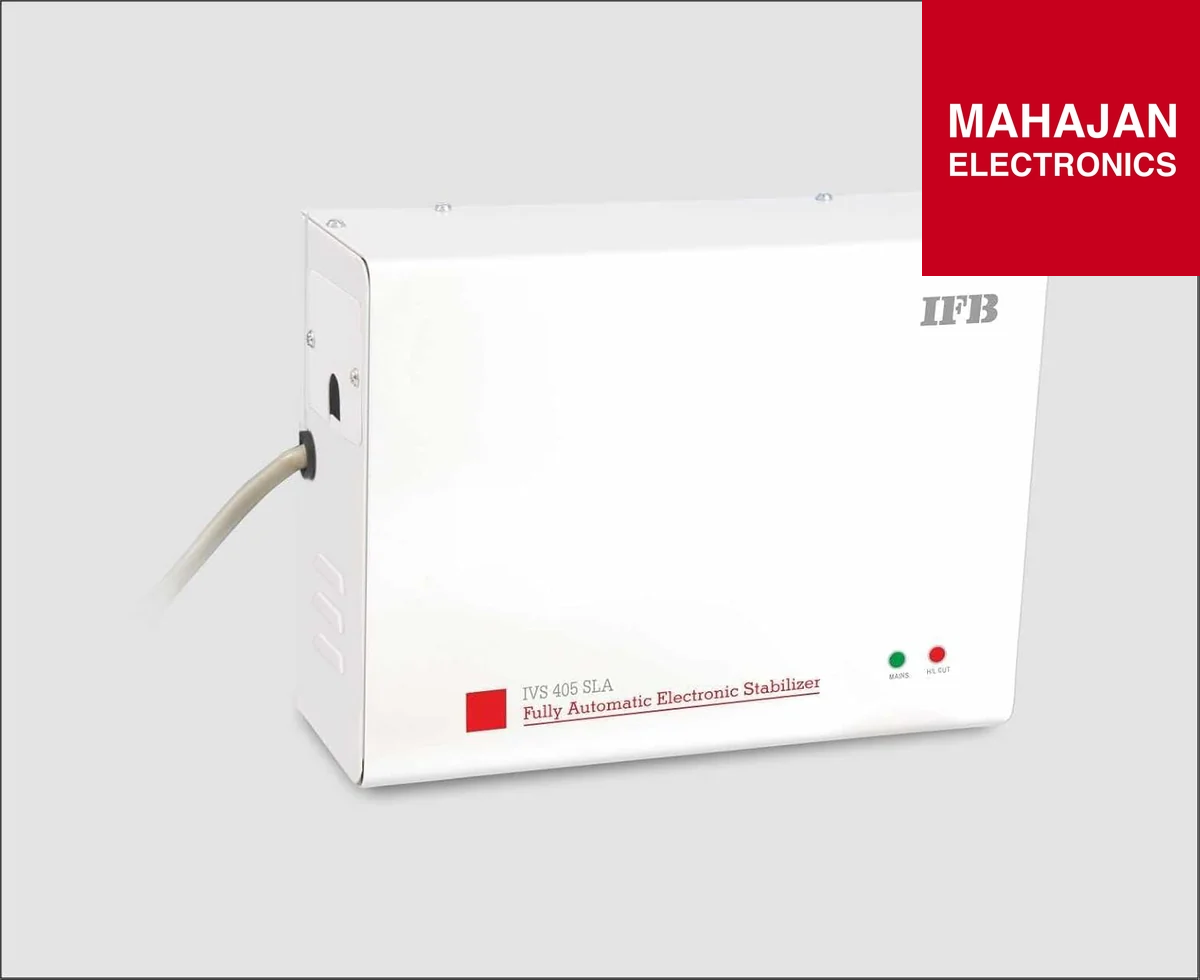 White electronic stabilizer box with Mahajan Electronics branding on a white background