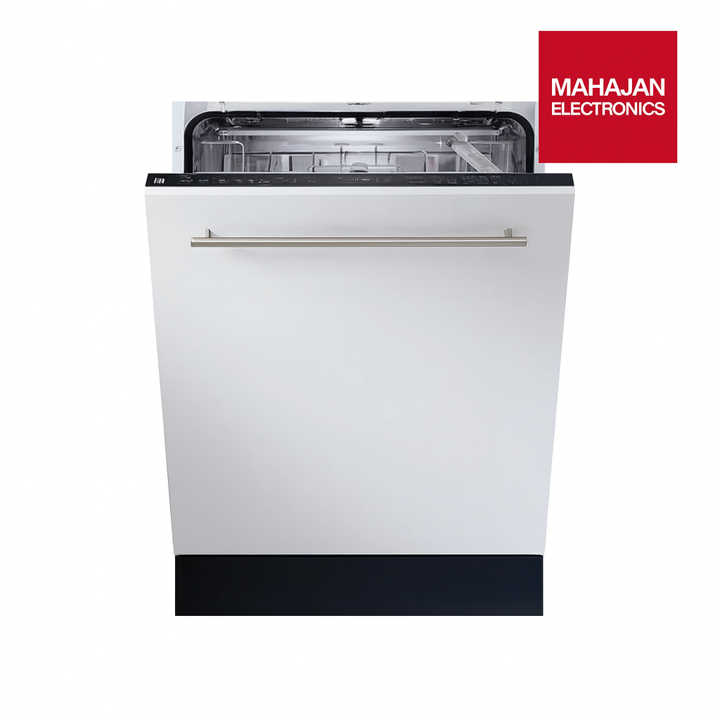 White dishwasher with black bottom and silver handle on a white background, featuring Mahajan Electronics logo.