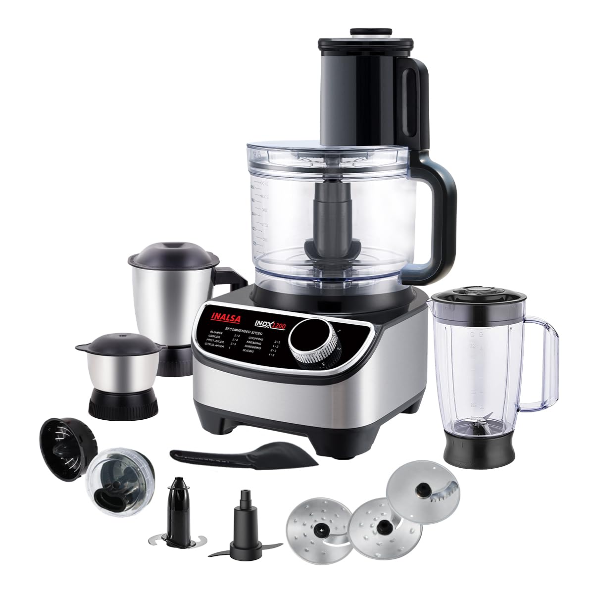 Inalsa INOX 1200W Food Processor with Mixer Grinder Juicer Bowl,  Jars, 12 Attachments, Copper Motor – Black/Silver