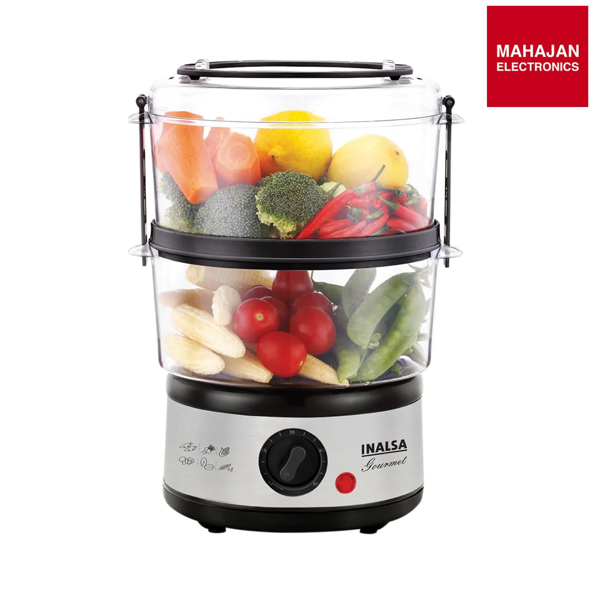 Inalsa 5L Gourmet Multi-Function 500W-Food Steamer & Egg Boiler with LED Indicator,BPA-Free 2 Tier Stackable Baskets,Stainless Steel Base,Fits 14 Eggs in One Go (Black/Silver)-Online Mahajan Electronics
