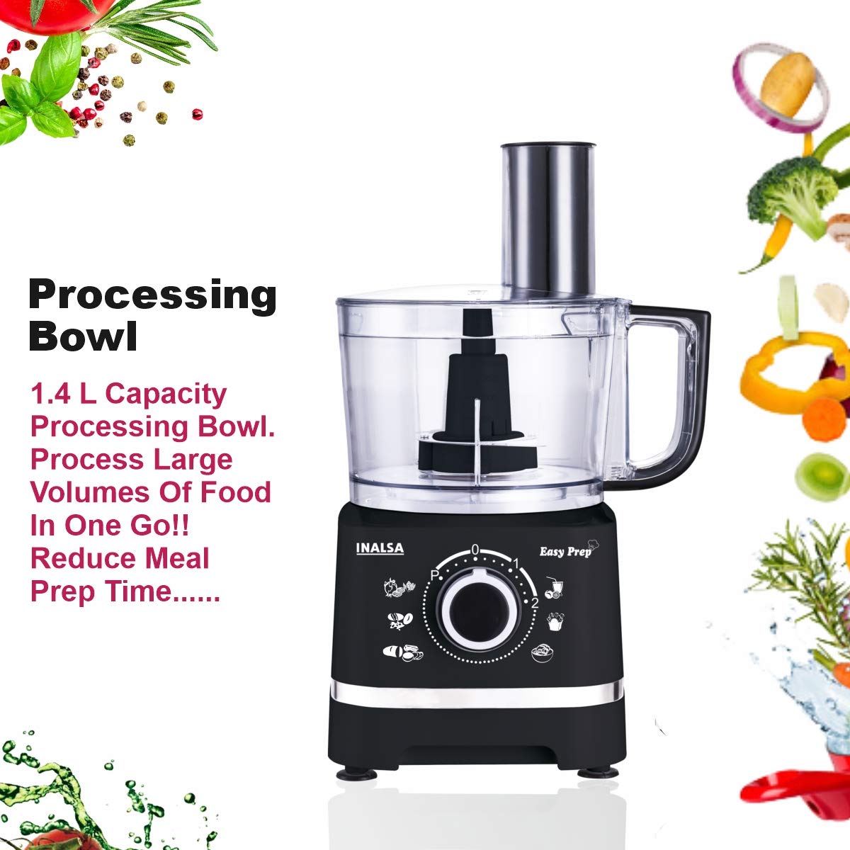 INALSA Easy Prep- 800 Watts Food Processor/ Atta Kneader/ Chopper | 1.4 L Main Bowl Capacity Mahajan Electronics Online