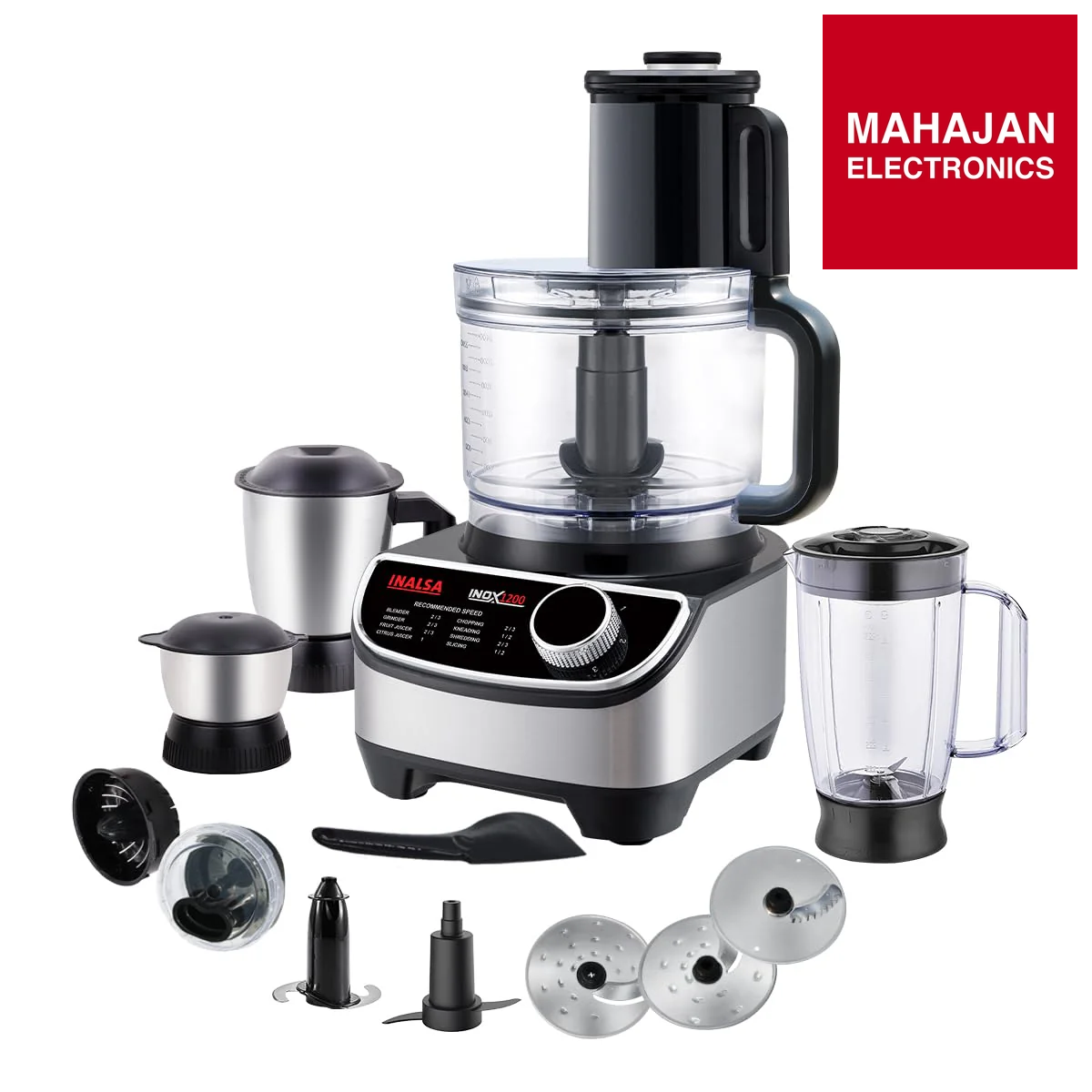 Food processor with attachments and Mahajan Electronics logo on a white background