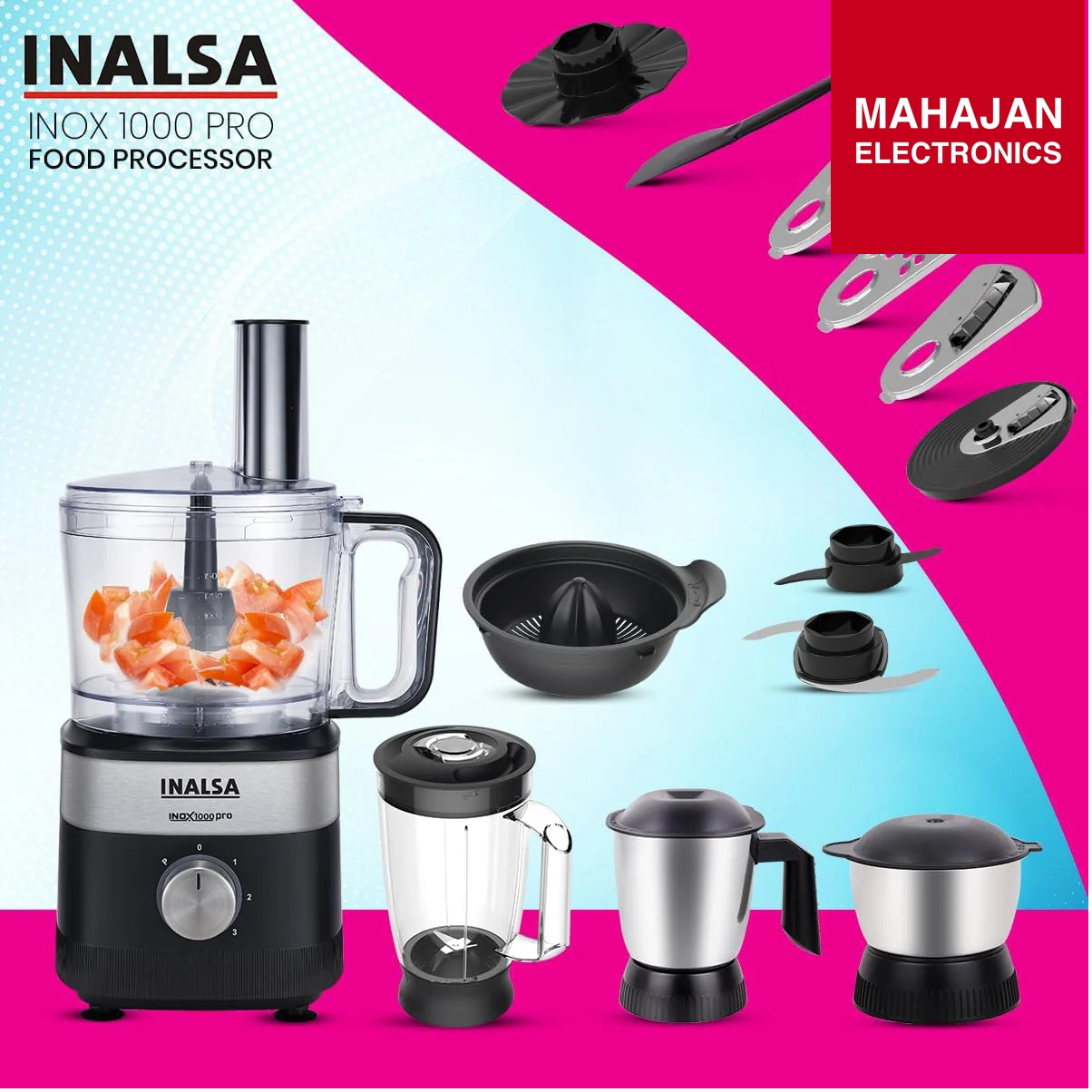 INALSA INOX 1000 Pro food processor with accessories on a colorful background
