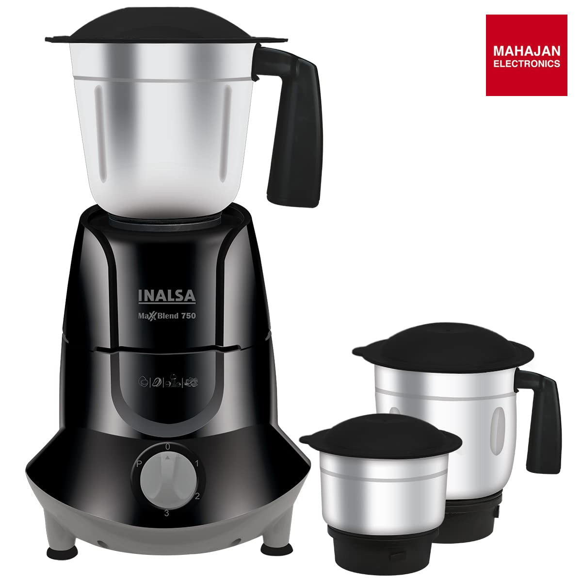 Inalsa MaxxBlend 750W Mixer Grinder 3 Stainless Steel Jars Black Grey-Online Mahajan Electronics