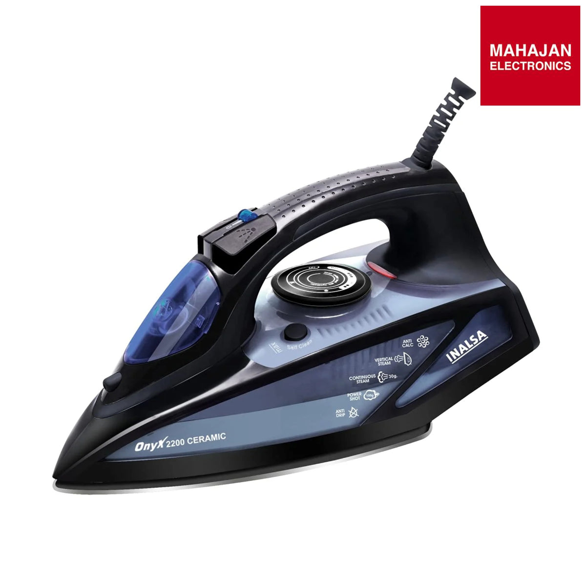 Inalsa Steam Iron Onyx 2200 Watt, Quick Heat Up with up to 30 g/min steam, 100 g steam Boost, Water Spray, Scratch Resistant Ceramic Soleplate, Vertical steam, Anti Drip & Anti Calc Functions-Online Mahajan Electronics