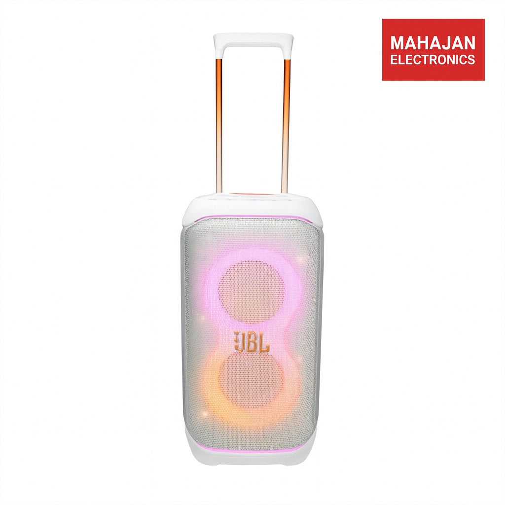 Portable speaker with colorful lighting effects on a white background, featuring the JBL brand.