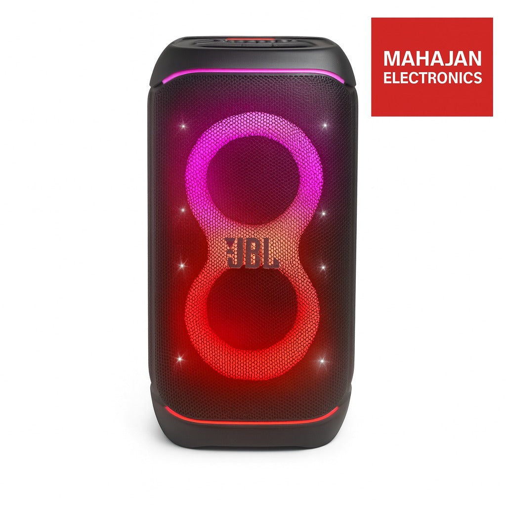 Black portable speaker with red and pink design, featuring JBL logo, on a white background with Mahajan Electronics logo.