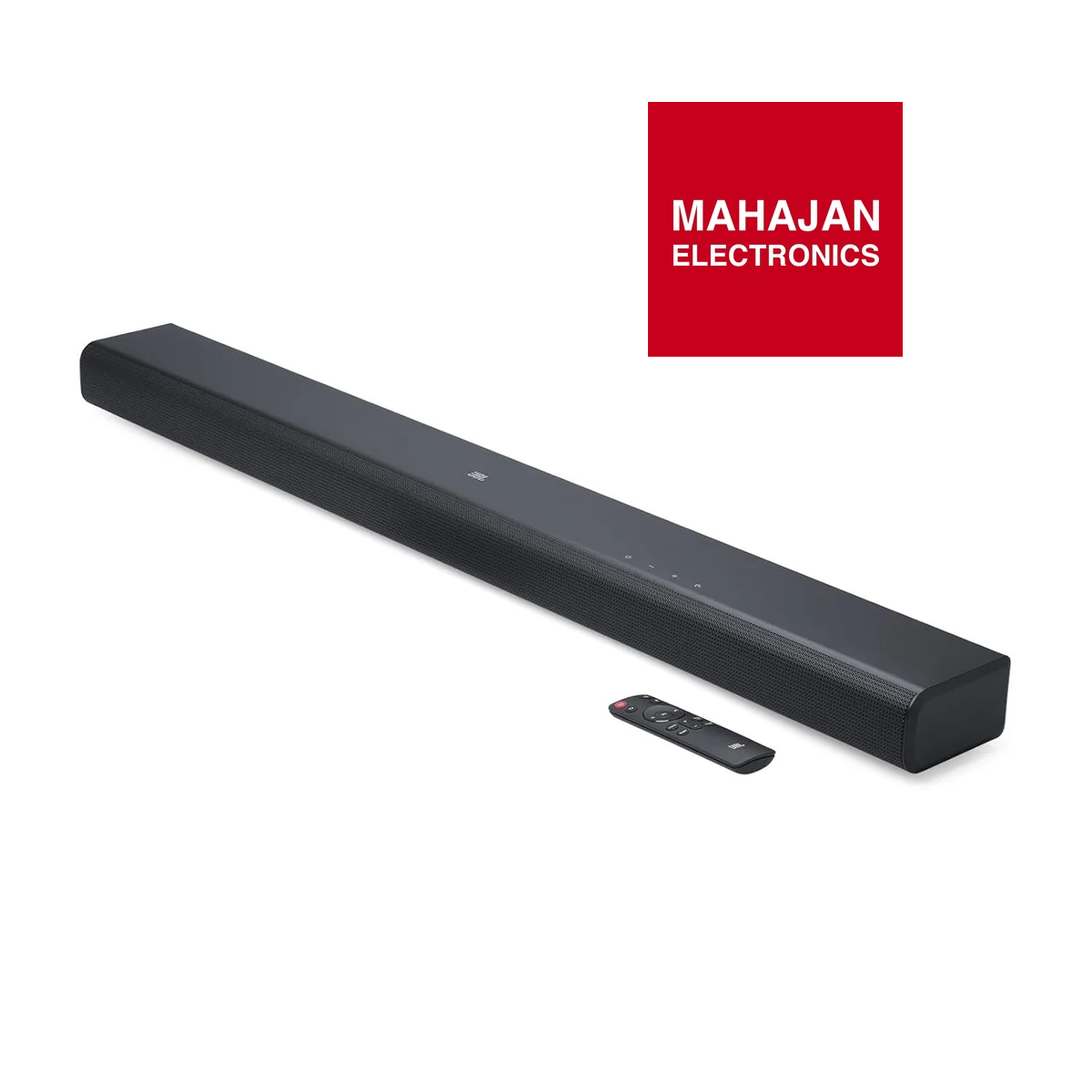 Black soundbar with remote control on a white background, featuring Mahajan Electronics logo.