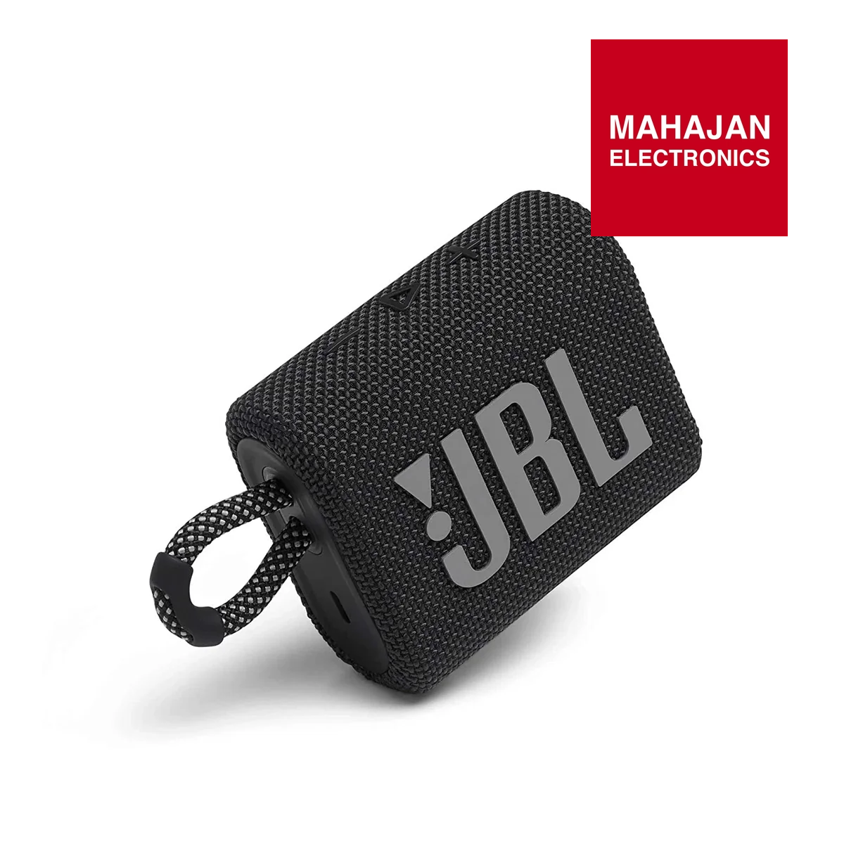 Black JBL speaker with Mahajan Electronics logo on a white background