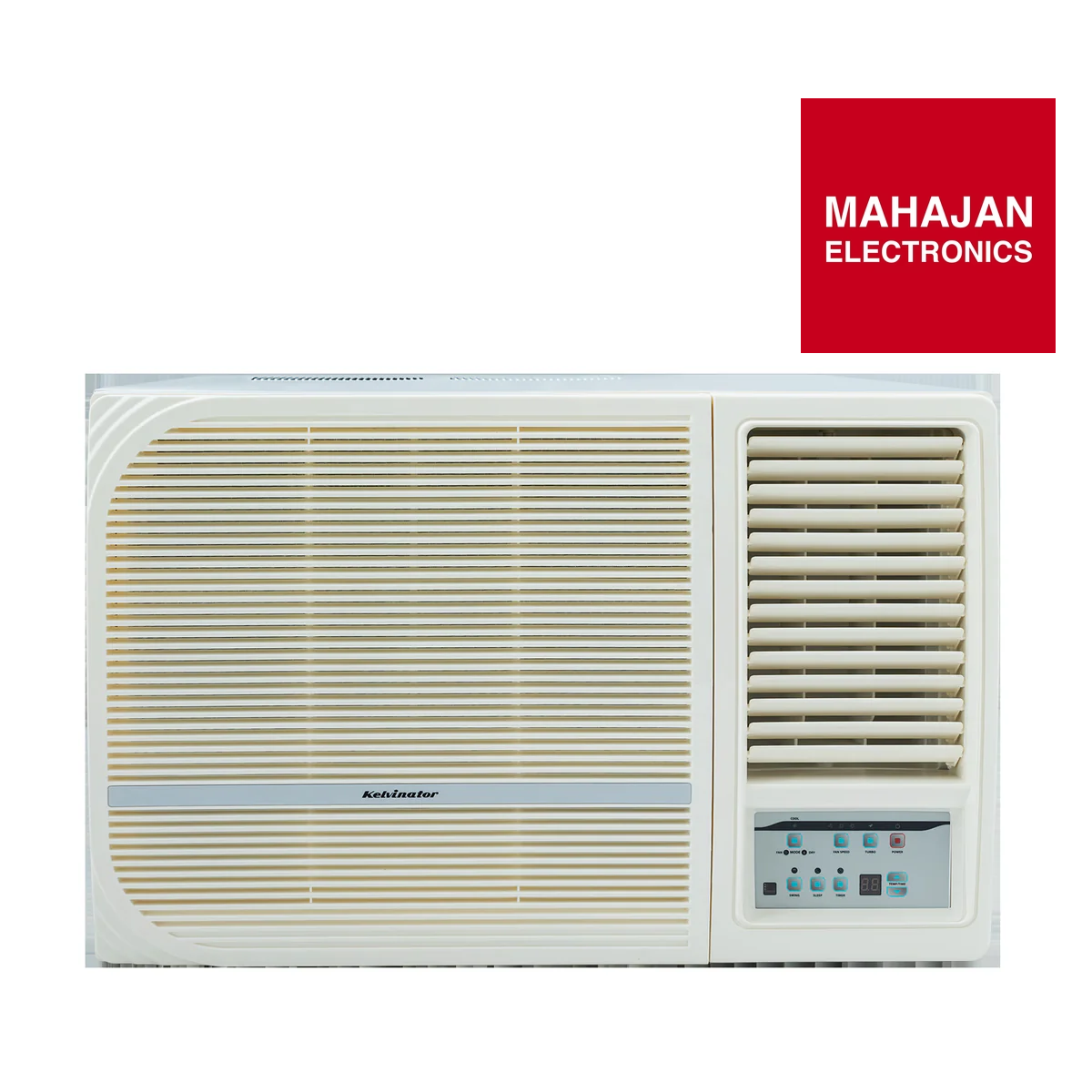 Window air conditioner with Mahajan Electronics logo on a white background