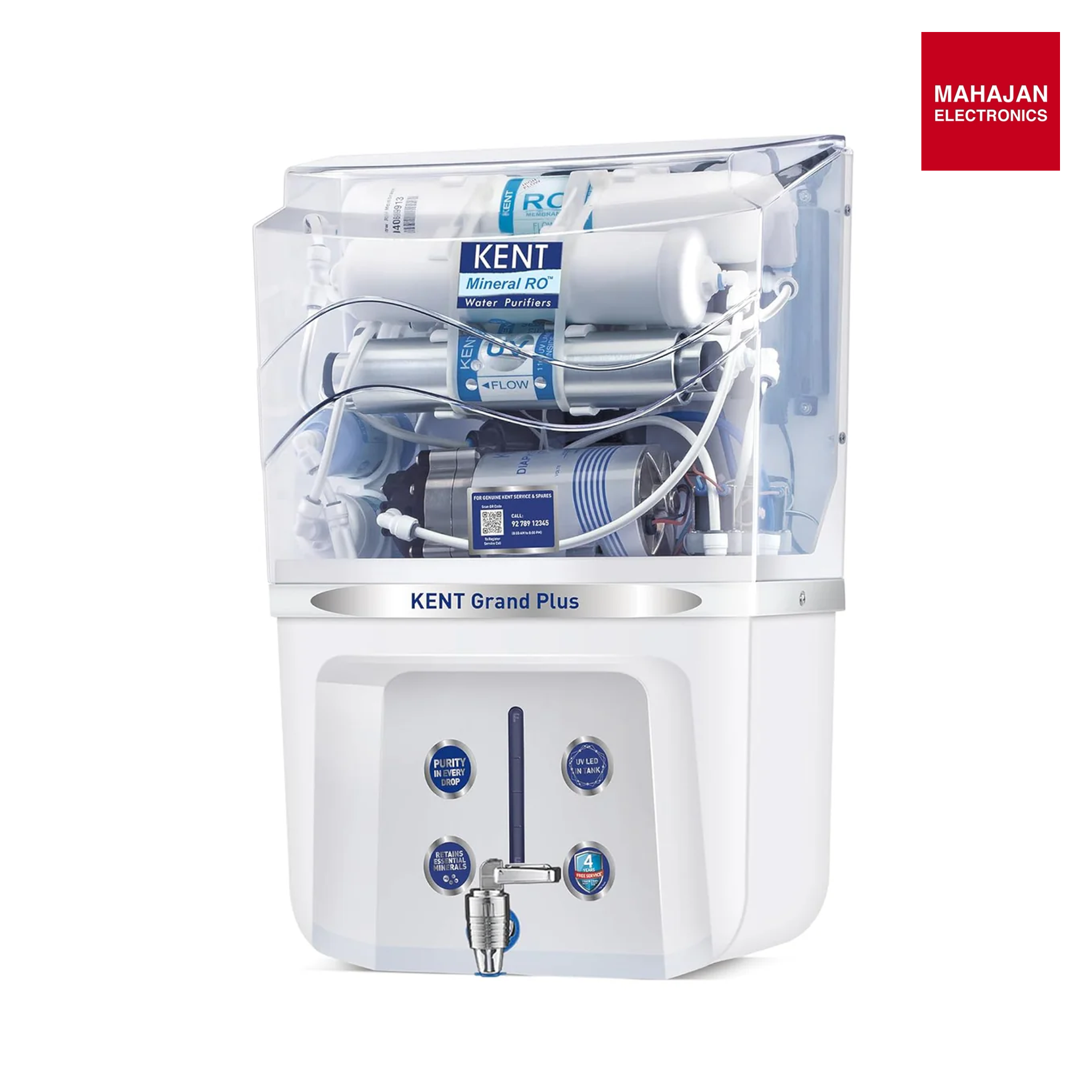KENT Grand Plus RO Water Purifier | 4 Years Free Service | ISI Marked | Multiple Purification Process | RO + UV + UF + TDS Control + UV LED Tank | 9L Tank | 20 LPH Flow | Zero Water Mahajan Electronics Online