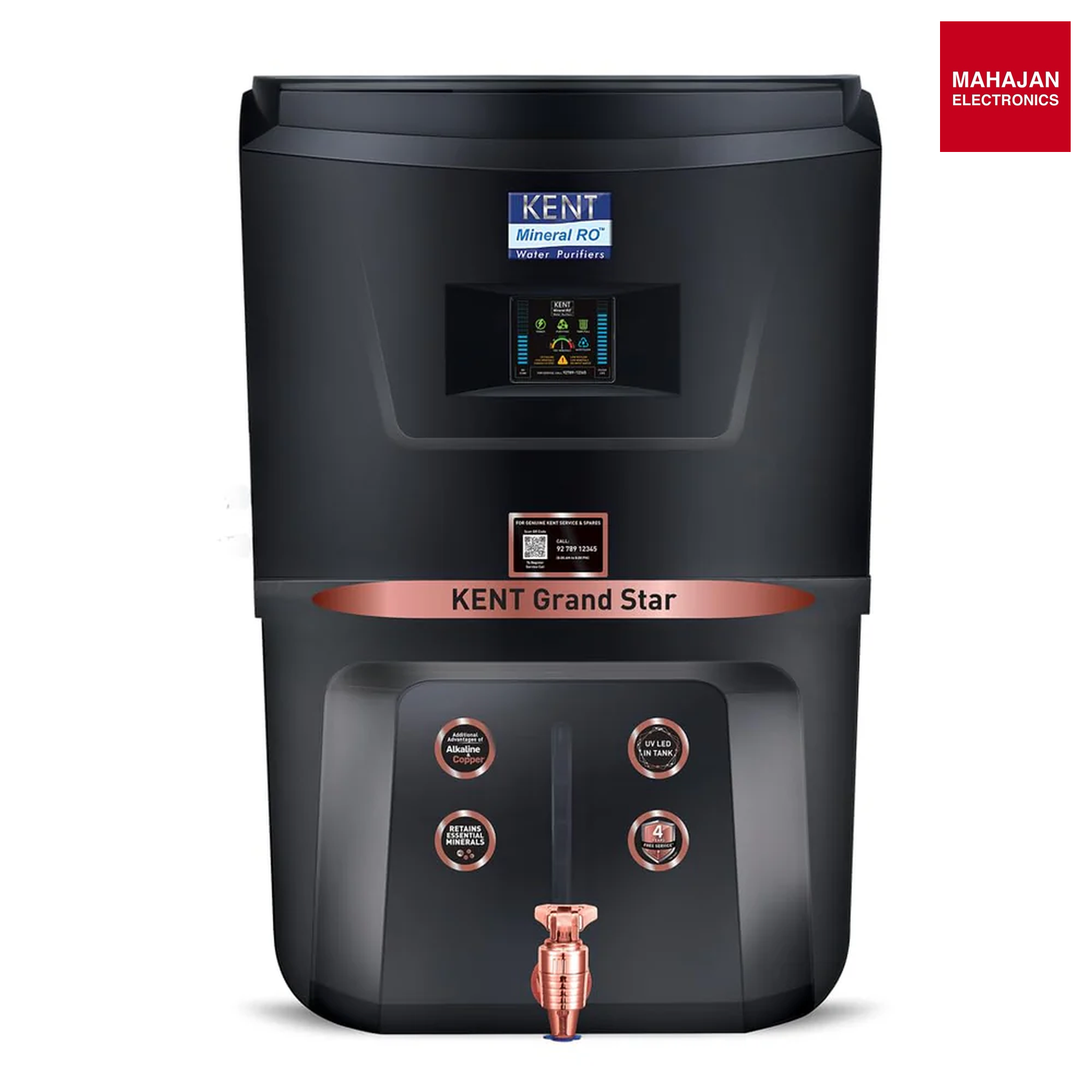 KENT Grand Star RO Water Purifier – 9L | RO+UV+UF+TDS Control + Alkaline + Copper + UV-in-Tank | 20 LPH | Black | Ideal for Borewell, Tanker & Municipal Water