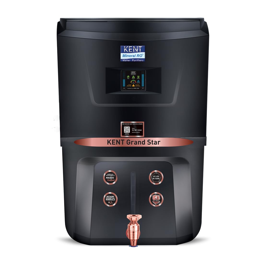 KENT Grand Star RO Water Purifier – 9L | RO+UV+UF+TDS Control + Alkaline + Copper + UV-in-Tank | 20 LPH | Black | Ideal for Borewell, Tanker & Municipal Water