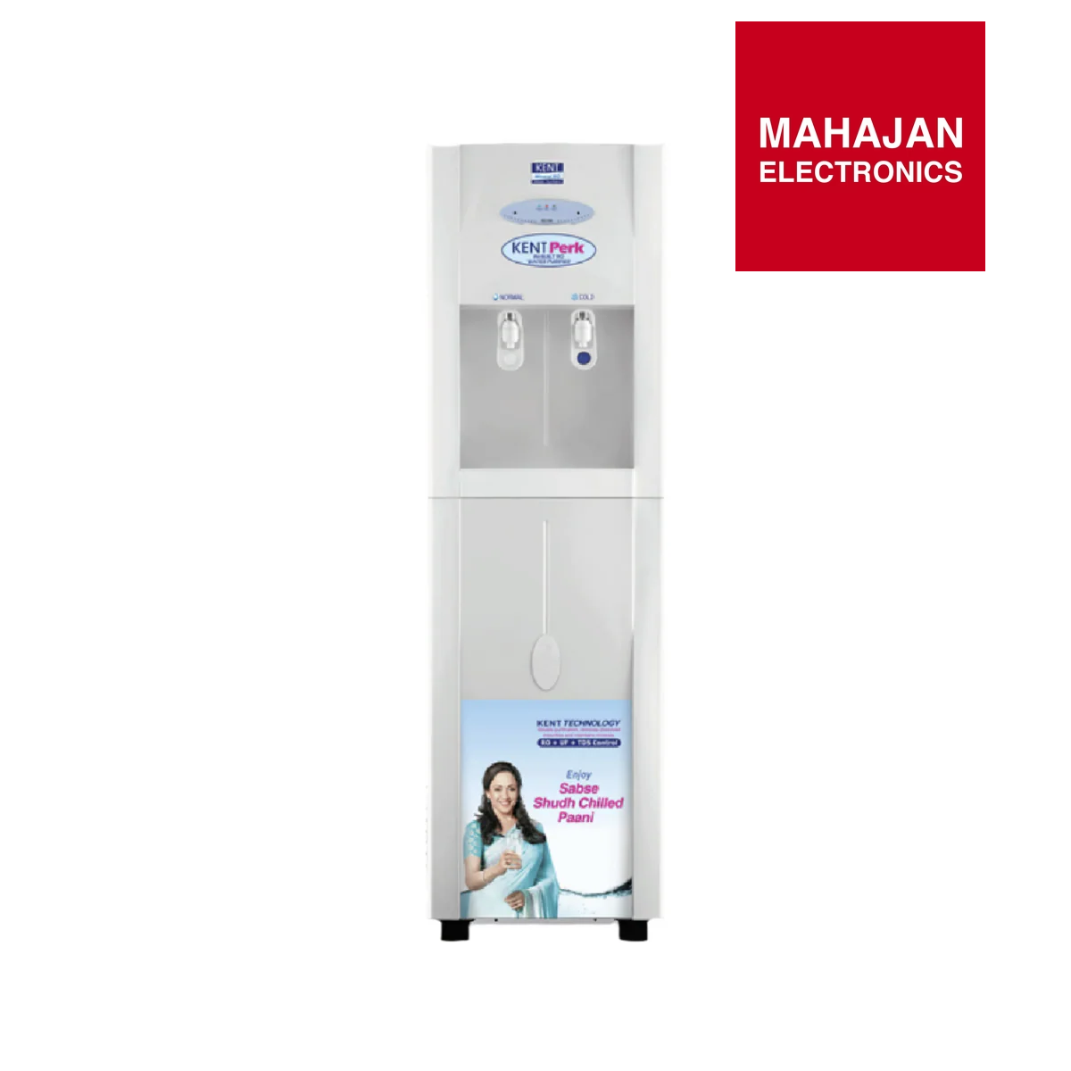Water dispenser with Kent Pure logo and Mahajan Electronics branding on a white background