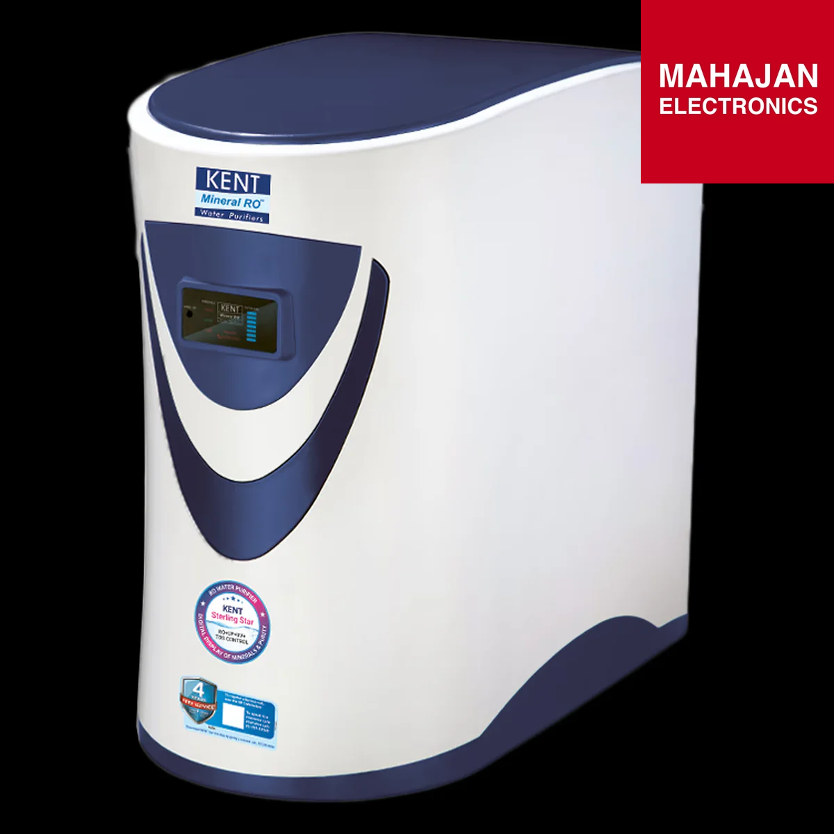 White and blue water purifier with Kent logo on a black background, featuring Mahajan Electronics branding.