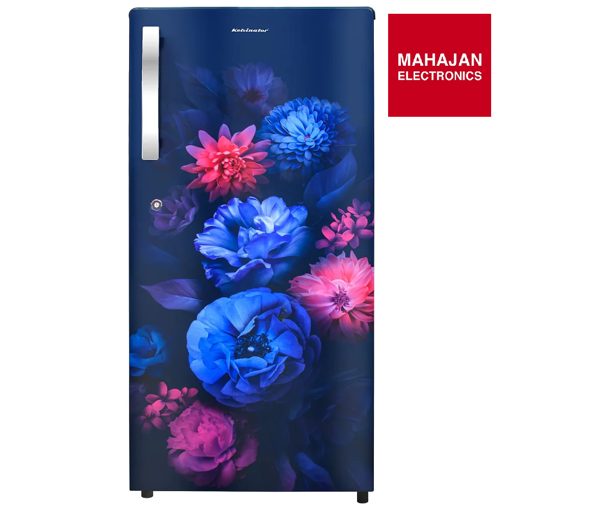 Refrigerator with floral design on a white background, featuring the Mahajan Electronics logo.