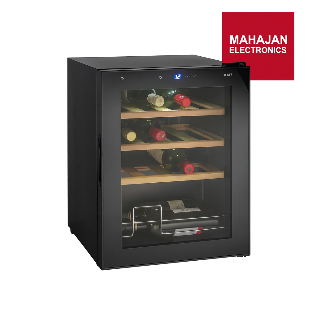 Black wine cooler with glass door displaying wine bottles, Mahajan Electronics logo in red corner.