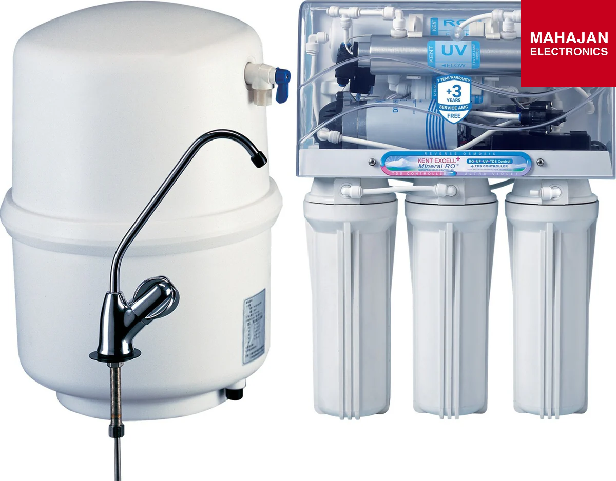 Water filtration system with UV light and MAHAAJAN ELECTRONICS branding.