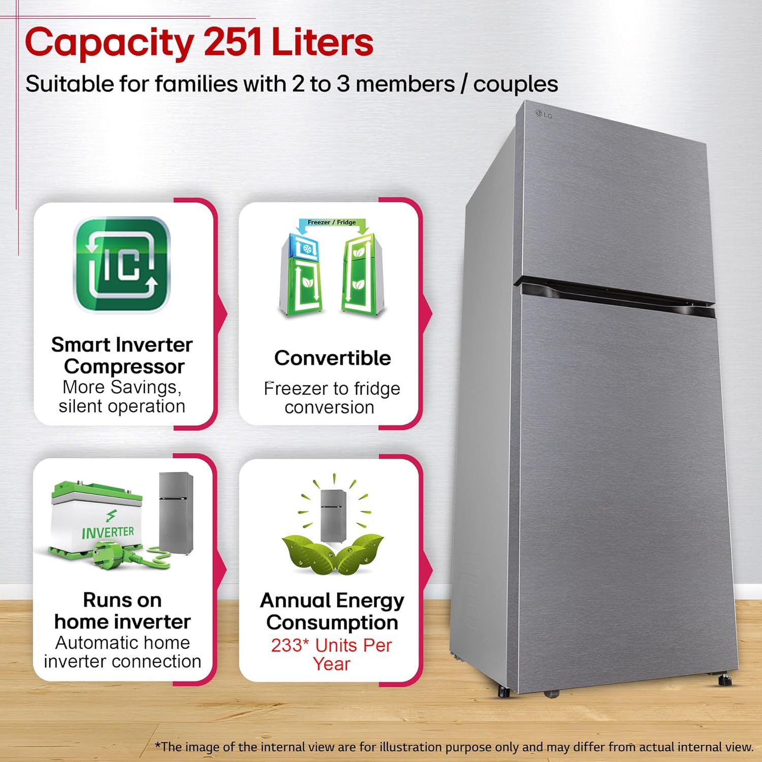 LG GLT2526XWDS 251 L, 2 Star, Frost-Free Smart Inverter Double Door Convertible Refrigerator ( Dazzle Steel, Multi Air Flow Cooling, Smart & Dairy Mode, Convertible Space for More Storage, 2026 Model-Online Mahajan Electronics