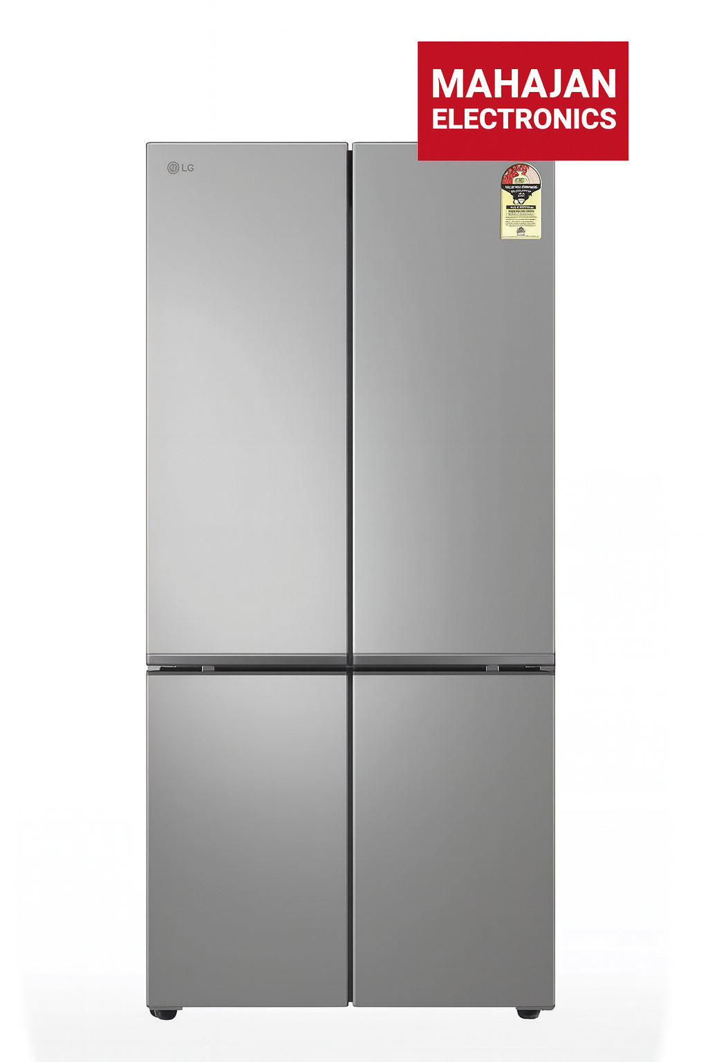 Silver refrigerator with Mahajan Electronics logo on a white background