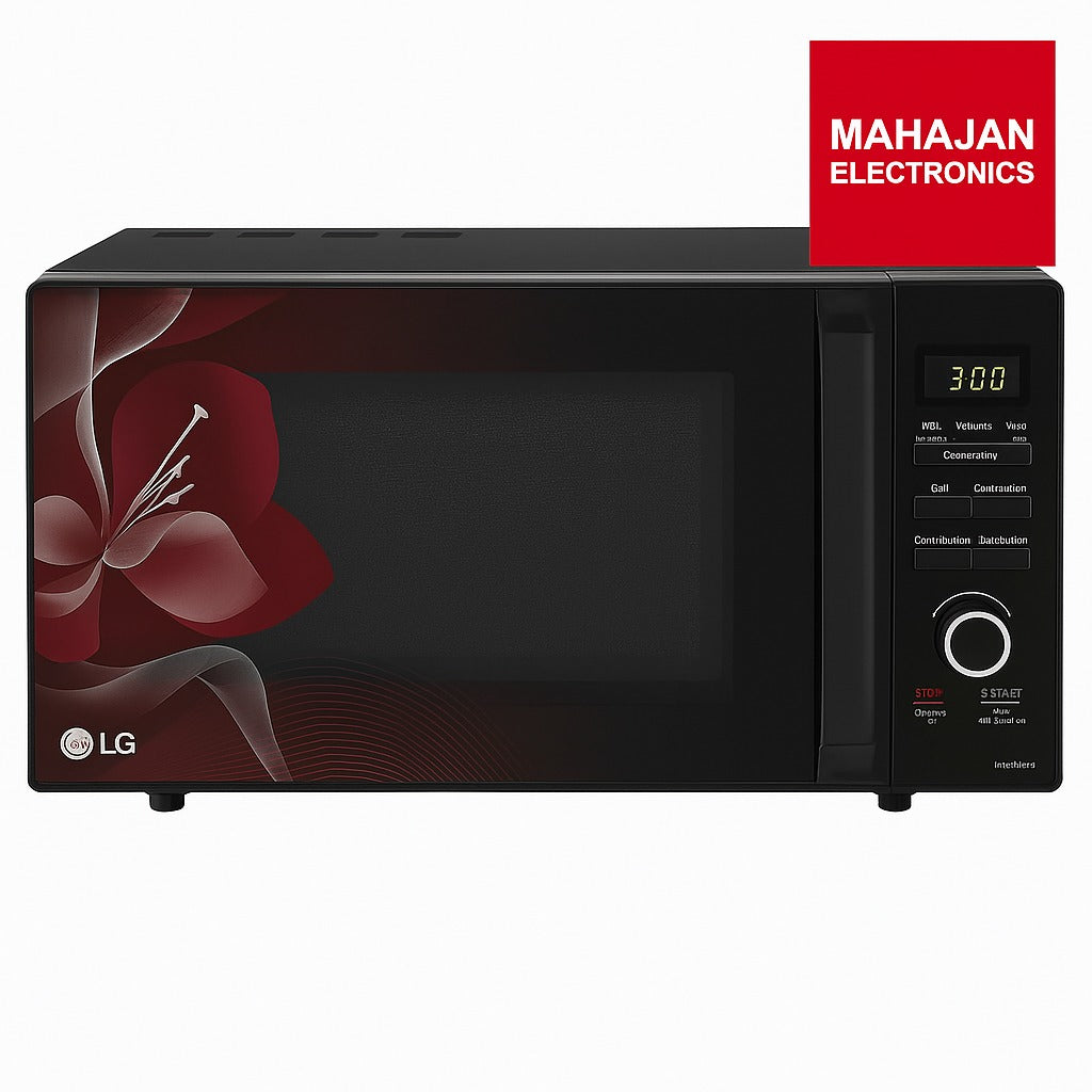 Black microwave oven with floral design on front, brand 'LG' visible, Mahajan Electronics logo above.
