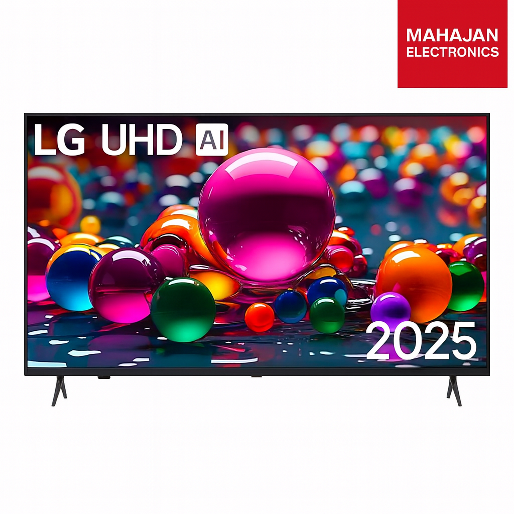 LG UHD AI television with colorful display and 'MAHAJAN ELECTRONICS' logo.