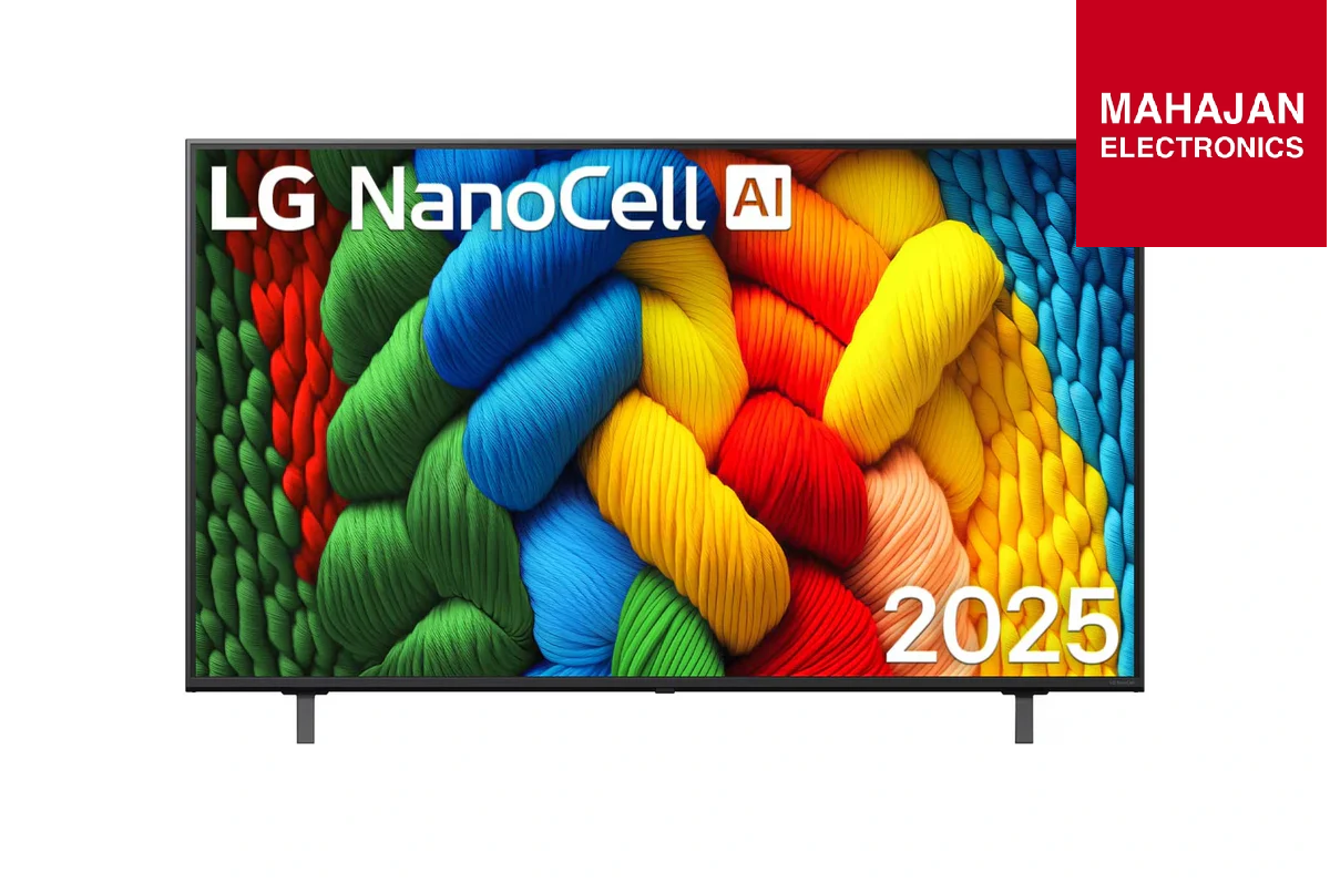 LG NanoCell TV with colorful yarn design and Mahajan Electronics logo.