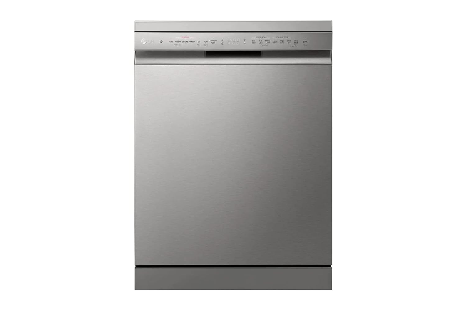 A freestanding, silver LG dishwasher with a control panel on the top front.