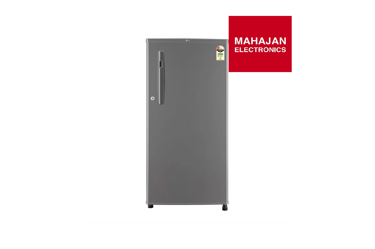 Gray refrigerator with Mahajan Electronics logo on a white background