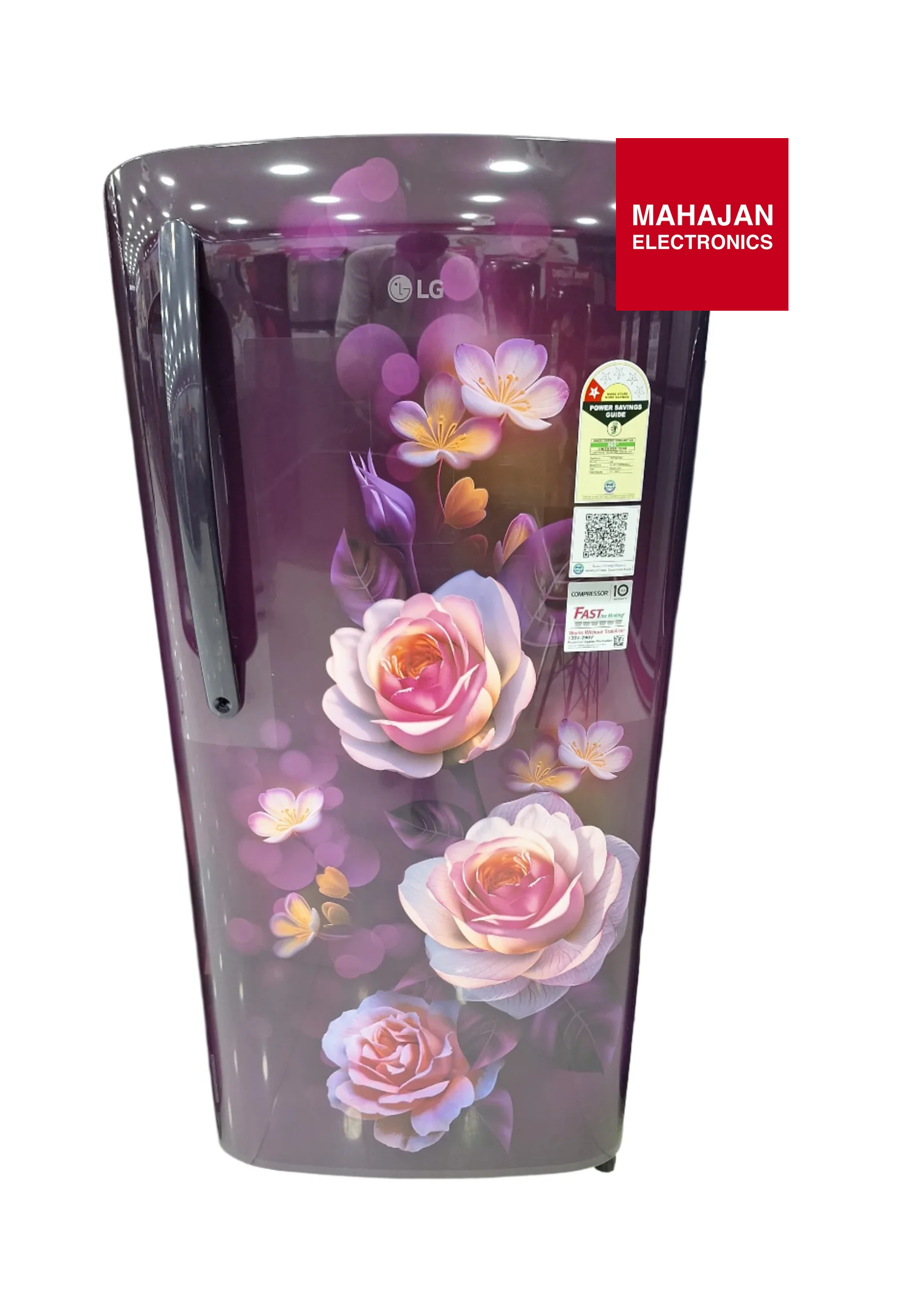 Floral design on a purple background with LG logo and Mahajan Electronics branding.