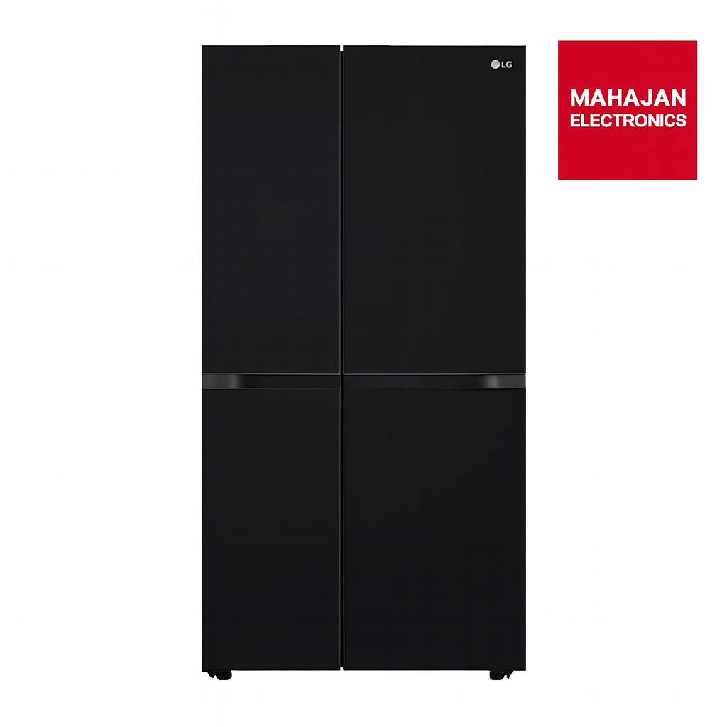 Black refrigerator with Mahajan Electronics logo on a white background