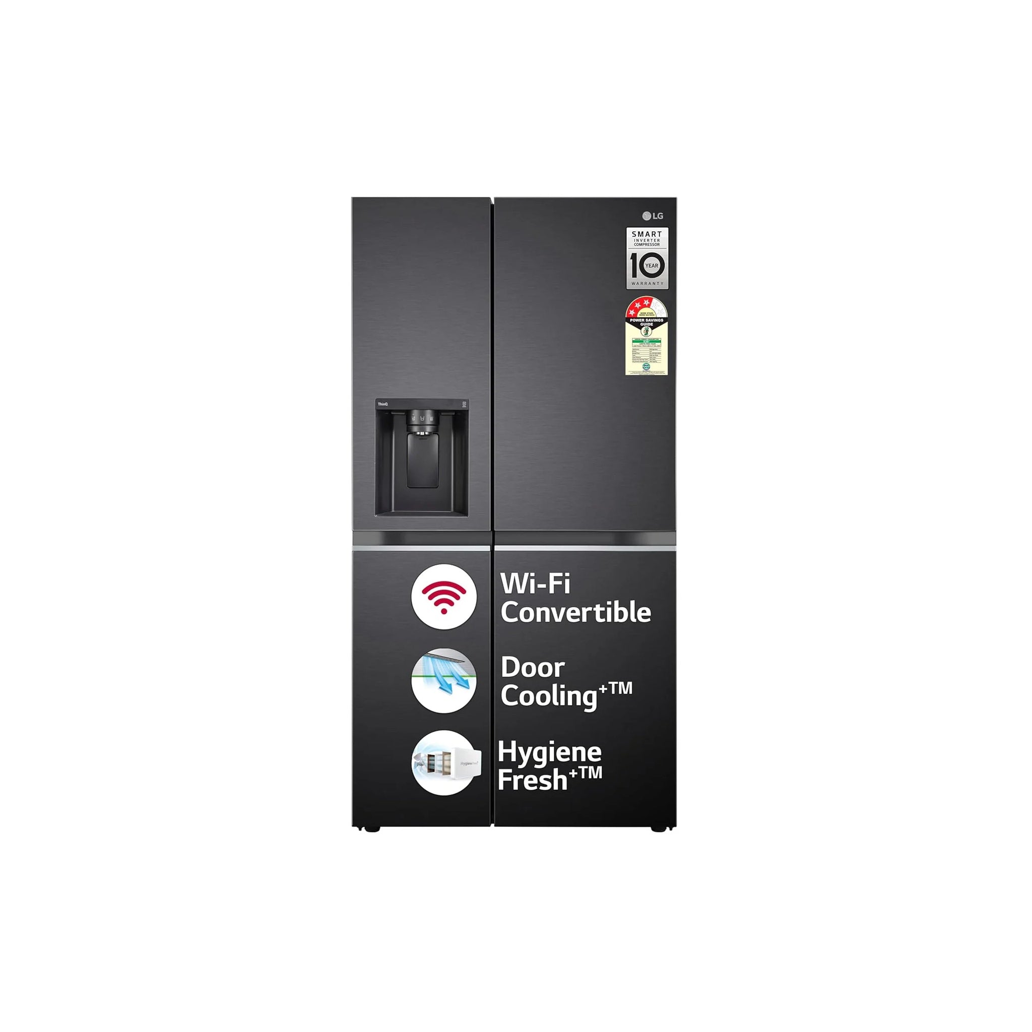 Black refrigerator with text indicating features on a white background