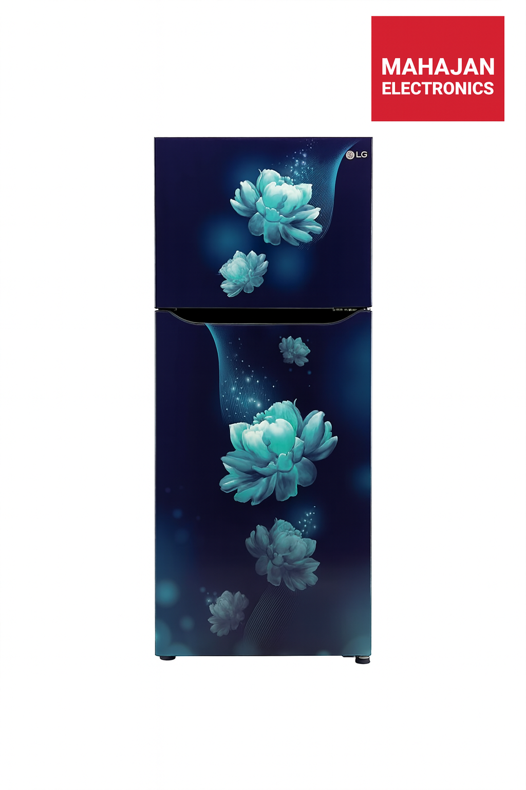 Refrigerator with blue flower design on a dark background, branded as Mahajan Electronics.