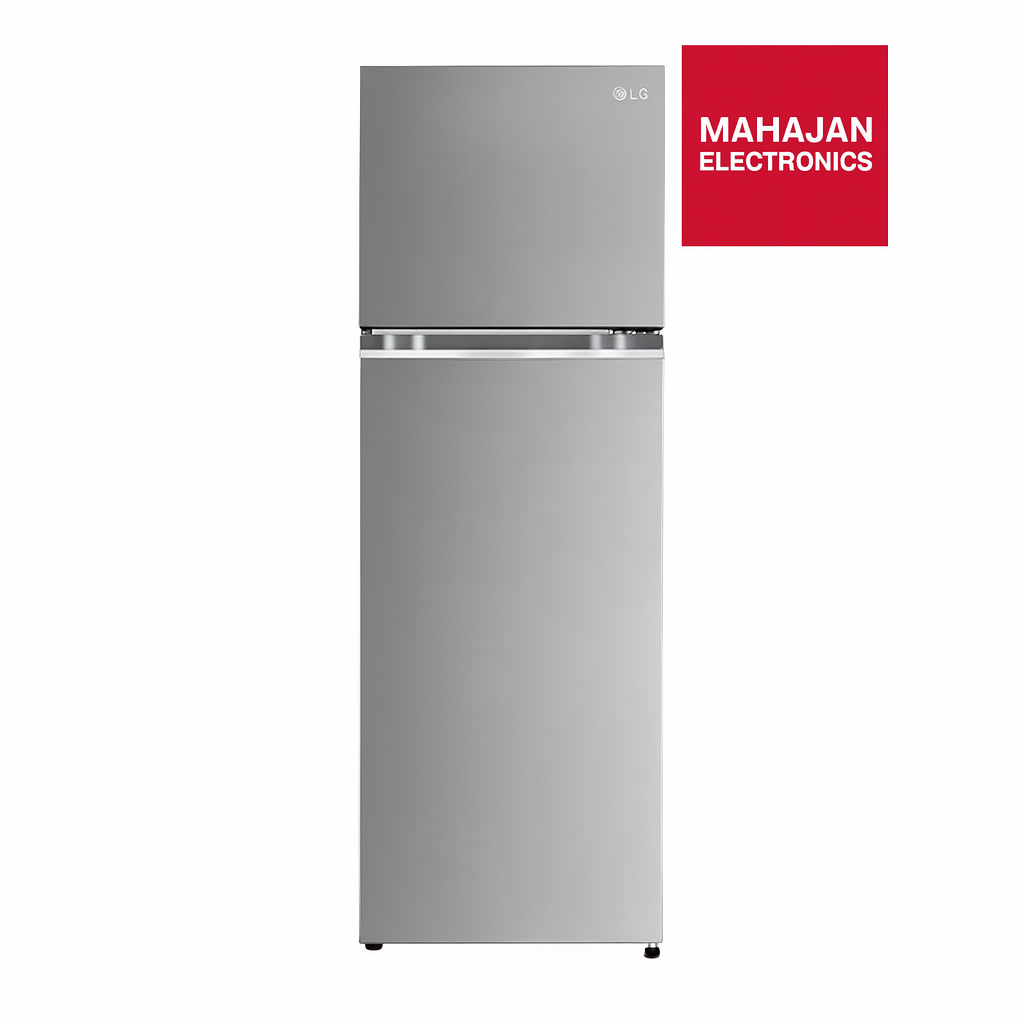 Stainless steel refrigerator with Mahajan Electronics logo on a white background