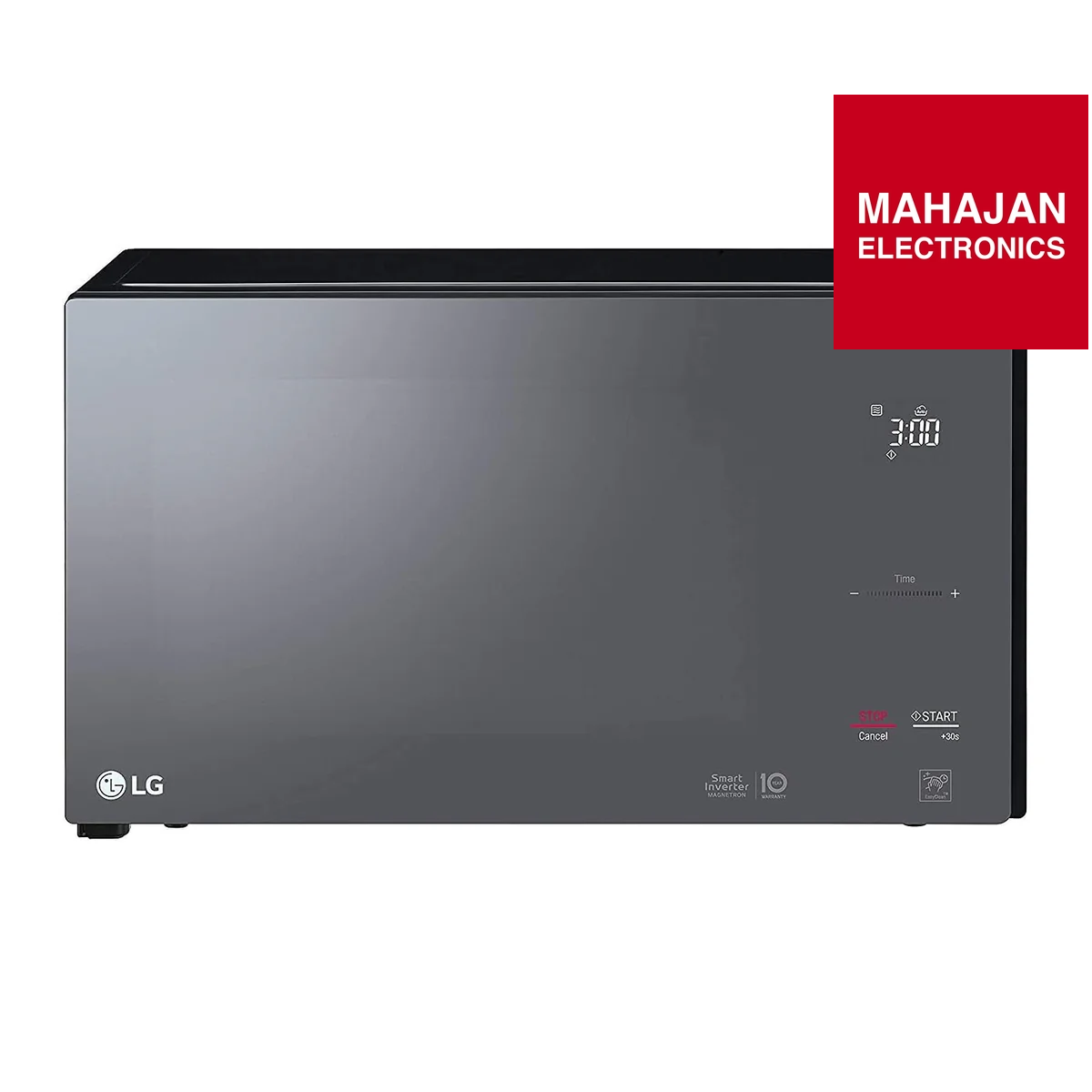 Black microwave oven with LG logo and Mahajan Electronics label on a white background